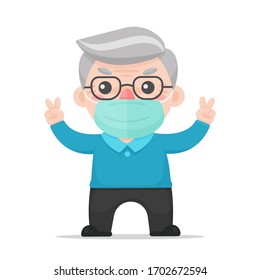 The elderly raise two fingers as the V sign to fight the corona virus. Corona virus prevention concept