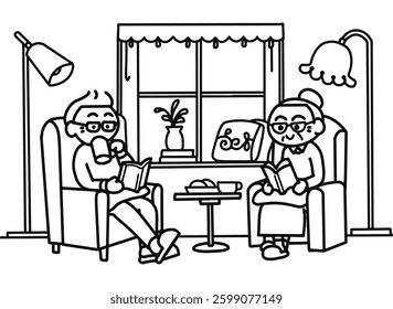Elderly reading book at Livingroom.
