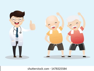 Elderly Rehabilitation with Regular Physical Exercise. Therapist Training Patient in Rehab Clinic. Medical Recovery Workout for Aged People. Vector, Illustration.
