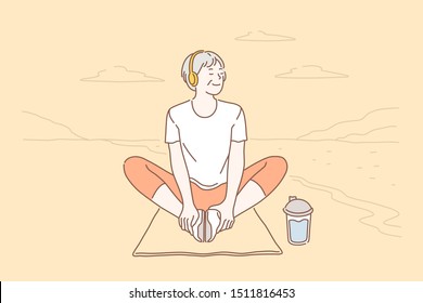 Elderly, relaxation, lifestyle, health concept. Happy elderly woman enjoys the peace of doing yoga in nature. Senior lady smiling doing exercises and listening to music. Simple flat vector.