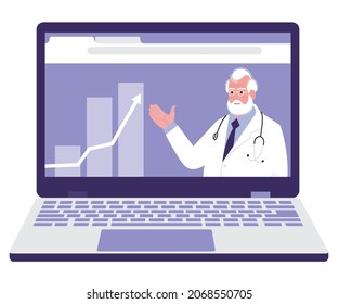 an elderly respectable doctor consults online. on the laptop screen, a medical expert explains the growth of something. the professor points to something with his hand. flat drawing. 
stock vector  