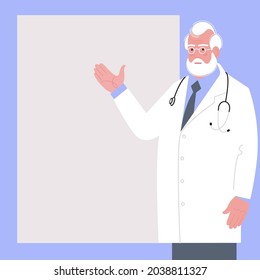 an elderly, respectable doctor makes a report or presentation. the doctor points to something with his hand. there is a place for the text. flat drawing. stock vector illustration. EPS 10.