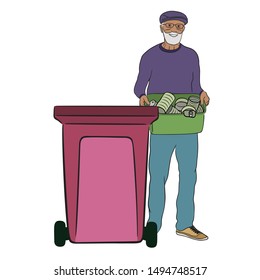 An elderly, respectable, handsome dark-skinned man holds a dustbin in his hands. Place jars and metal waste in a trash can or recycle bin. Flat cartoon vector illustration.