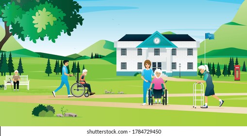 The elderly are resting and walking with the nurses in the nursing home.