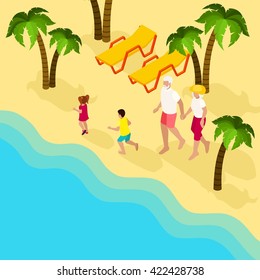 Elderly retired couple with grandchildren at the tropical beach isometric banner family vacation abstract vector illustration 