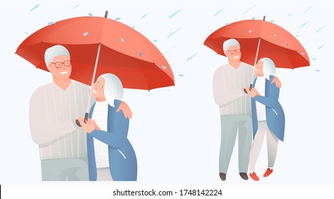 Elderly retired couple support and protection, insurance concept. Medical support and safety for mature and old people, grandpa and grandma couple holding umbrella. Vector flat illustration