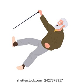 Elderly retired man cartoon character with cane falling feeling dizziness, slipping or stumbling