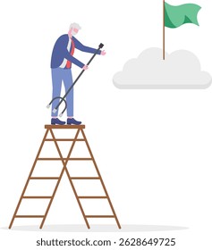 elderly retired man climbing up a ladder to the top high into the sky to grab the star.

