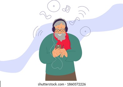 an elderly retired man listens to music on his phone with headphones. Simple flat vector