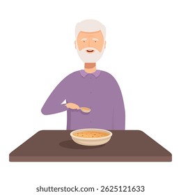 Elderly retired man with silver hair enjoying a nutritious and homemade bowl of warm soup at the dinner table