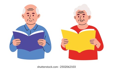 Elderly Retired People Reading Book