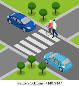 Elderly retired seniors with disabilities support service for aged people helps granny crossing isometric banner abstract vector illustration