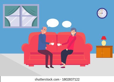Elderly romance vector concept: old couple chatting romantically and joyfully while drinking their cups of coffee