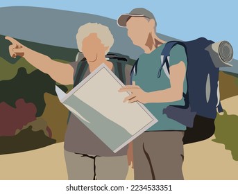 Una pareja anciana y romántica está aventurándose en las montañas cargando una mochila y el abuelo está mirando un mapa con hermosas colinas y cielo azul en el fondo