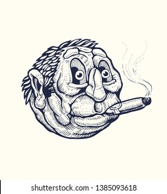 Elderly round emoticon with a big cigar in his mouth. Drawing Style. Vector illustration.