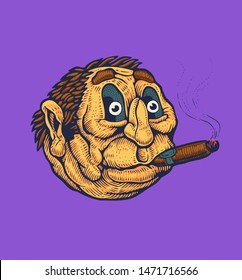 Elderly round emoticon with a big cigar in his mouth. Drawing Style. Vector illustration.