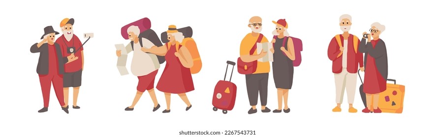 elderly 's  couple tourist, senior traveler, enjoy retire life with luggage camera and handbag. isolated Vector illustration on white background