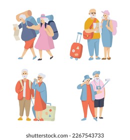 elderly 's  couple tourist, senior traveler, enjoy retire life with luggage camera and handbag. isolated Vector illustration on white background