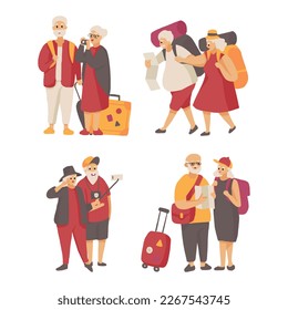 elderly 's  couple tourist, senior traveler, enjoy retire life with luggage camera and handbag. isolated Vector illustration on white background