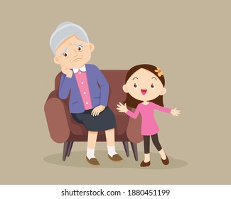 elderly are sad, the child consoling.sad elderly woman Bored, Senior woman sitting alone on sofa