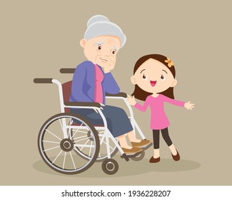 elderly are sad, the child consoling, sad elderly woman Bored, Girl consoling Senior woman sitting alone on wheelchair. Careful caregiver taking care of the patient. Child Girl and grandmother