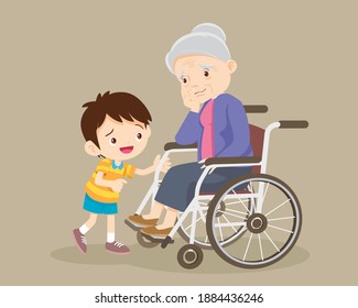 elderly are sad, the child consoling,sad elderly woman Bored, ฺBoy consoling Senior woman sitting alone on wheelchair.Careful caregiver taking care of the patient