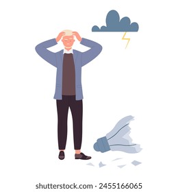 Elderly sad man upset because of broken light bulb and bad idea vector illustration
