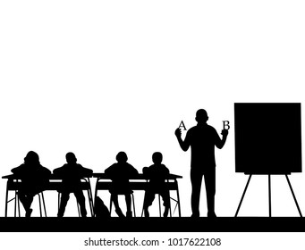 Elderly school teacher teaches letters to the students or offers them a choice silhouette