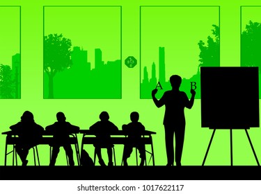 Elderly school teacher teaches letters to the students or offers them a choice silhouette