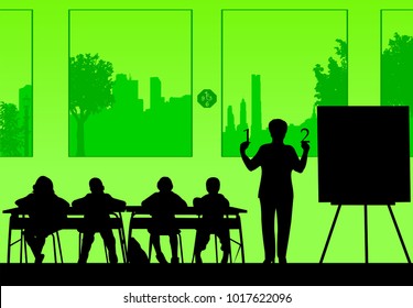 Elderly school teacher teaches numbers to the students or offers them a choice silhouette