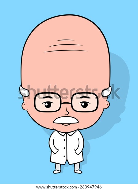 Elderly scientist cartoon character with a bald head wearing nerdy