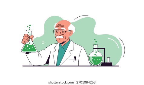 Cientista idoso com bigode segurando um frasco com líquido verde em ambiente de laboratório.