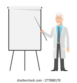 Elderly scientist points to flip chart