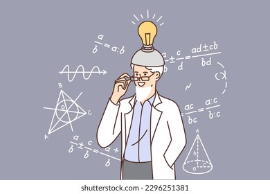 Elderly scientist stands near school blackboard with scientific formulas with invention countries on head. Gray-haired man doing science with light bulb symbolizing idea and new discoveries