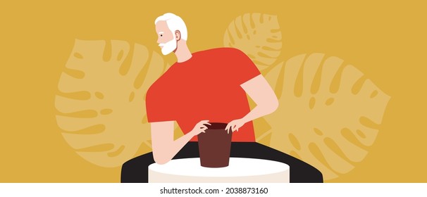Elderly sculptor in the Mestre. Flat vector stock illustration. Clay crafting. An old master of ceramics. Ceramic pot. Hobbies and leisure. Vector graphics