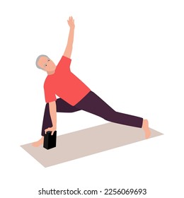 Elderly senior active man doing yoga, flat vector illustration. Workout classes for elderly people healthy body, flexibility and wellness. Elderly people healthy lifestyle.