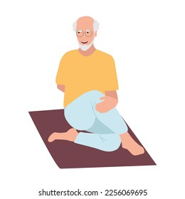 Elderly senior active man doing yoga, flat vector illustration. Workout classes for elderly people healthy body, flexibility and wellness. Elderly people healthy lifestyle.