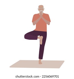 Elderly senior active man doing yoga, flat vector illustration. Workout classes for elderly people healthy body, flexibility and wellness. Elderly people healthy lifestyle.