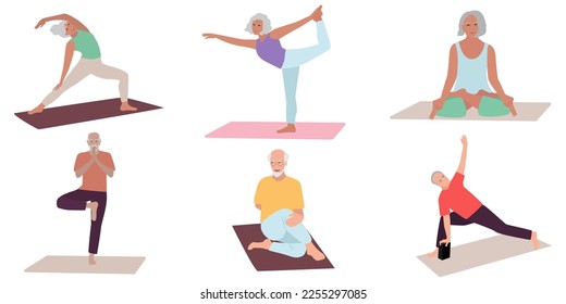 Elderly senior active man and woman doing yoga, flat vector illustration. Workout classes for elderly people healthy body, flexibility and wellness. Elderly people healthy lifestyle.