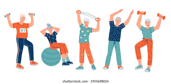 Elderly senior active people cartoon characters doing sport exercises, flat vector illustration isolated on white background. Active seniors men and women do workout. Elderly people healthy lifestyle.