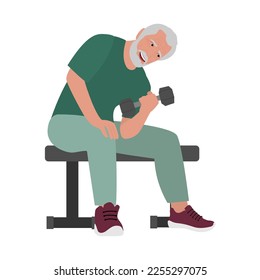 Elderly senior active people doing sport exercises, flat vector illustration. Workout classes for elderly people healthy body, flexibility and wellness. Elderly people healthy lifestyle.