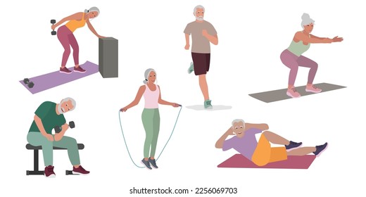 Elderly senior active people doing sport exercises, flat vector illustration. Workout classes for elderly people healthy body, flexibility and wellness. Elderly people healthy lifestyle.