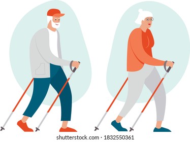 Elderly Senior couple making nordic walking training together flat vector illustration.