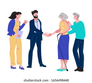 Elderly senior couple visit Public Notary for inheritance or testament document arrangement. Notarial consultation and legal support in bequest papers setting. Flat vector illustration.