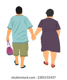 Elderly senior fat couple in love hold hands vector illustration isolated on white. Mature coupe together. Grandmother and grandfather closeness in public. Golden age for travel and peace in soul.