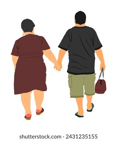 Elderly senior fat couple in love hold hands vector illustration isolated. Mature overweight coupe together. Grandmother and grandfather closeness in public. Golden age for travel and peace in soul.