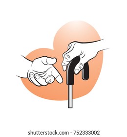 elderly senior hand with walking stick and young hand over pink heart-vector drawing