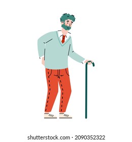 Elderly senior man cartoon character standing leaning on walking stick, flat cartoon vector illustration isolated on white background. Old person with mobility problems.