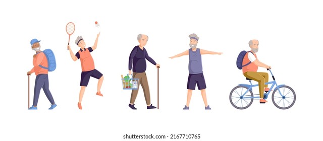 Elderly senior man during healthy and active retire. Old man hiking, playing tennis, cycling, shopping and doing morning exercises. Elderly people active healthy lifestyle flat vector