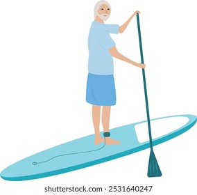 An elderly senior man enjoying paddleboarding sport.